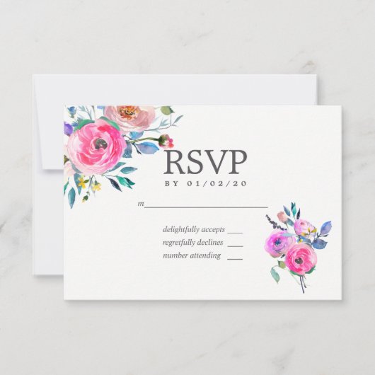 ホットピンクウォーターカラーフローラ結婚式RSVP 出欠カード (正面)