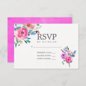 ホットピンクウォーターカラーフローラ結婚式RSVP 出欠カード (正面/裏面)