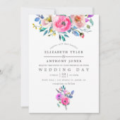 ホットピンクウォーター色フローラ結婚式招待状 招待状 (正面)