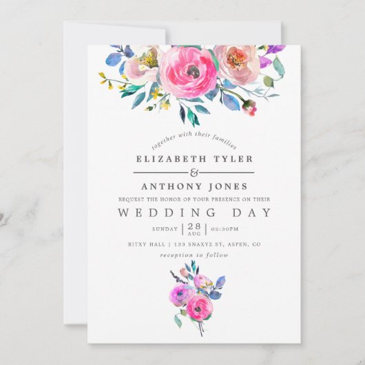 ホットピンクウォーター色フローラ結婚式招待状 招待状 (正面)