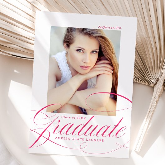 ホットピンクエレガントのスクリプト写真の卒業 案内状