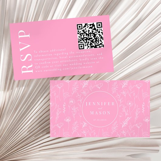 ホットピンクエレガントフローラ結婚式RSVP QRコードカード エンクロージャーカード