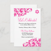 ホットピンクエレガントフローリッシュバルミツワー披露宴 招待状 (正面/裏面)