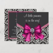 ホットピンクエレガントブラックダマスクプリンセスベビーシャワー 招待状 (正面/裏面)