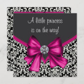 ホットピンクエレガントブラックダマスクプリンセスベビーシャワー 招待状 (正面/裏面)