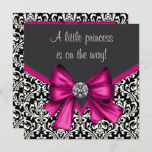 ホットピンクエレガントブラックダマスクプリンセスベビーシャワー 招待状 (正面/裏面)