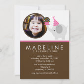 ホットピンクエレファント&カップケーキフォト誕生日 招待状 (正面)