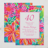 ホットピンクオレンジの水彩花 40歳の誕生日 招待状 (正面/裏面)