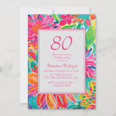 ホットピンクオレンジの水彩花 80歳の誕生日 招待状 (正面)