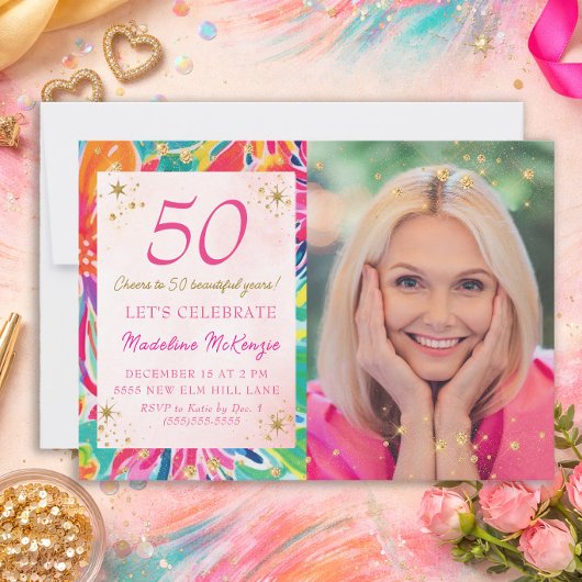 ホットピンクオレンジの花 ゴールドラメ 写真 50歳 招待状