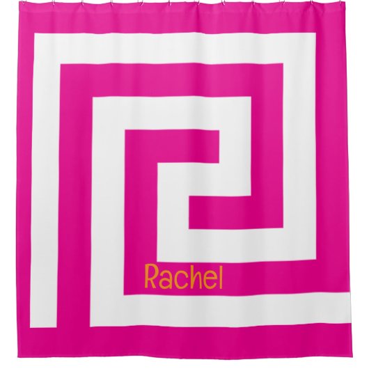 ホットピンクオレンジギリシャ鍵モノグラム名白 シャワーカーテン (正面)