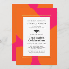 ホットピンクオレンジトレンディー卒業パーティー 招待状