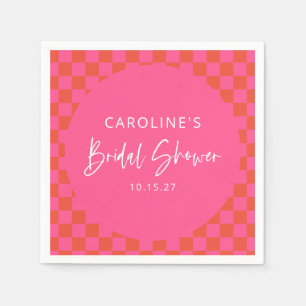 ホットピンクオレンジレトロチェッカーボードブライダルシャワー スタンダードカクテルナプキン