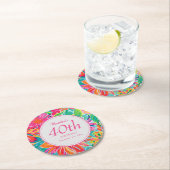 ホットピンクオレンジ色の水彩花40歳の誕生日 ラウンドペーパーコースター (インサイチュ)