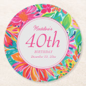 ホットピンクオレンジ色の水彩花40歳の誕生日 ラウンドペーパーコースター (正面)