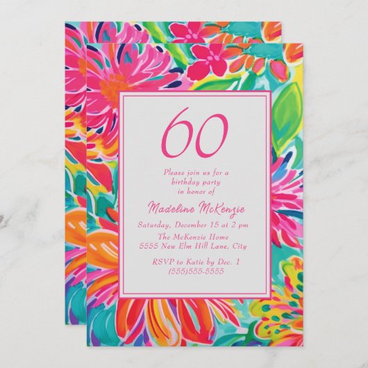 ホットピンクオレンジ色の水彩花60誕生日 招待状 (正面/裏面)