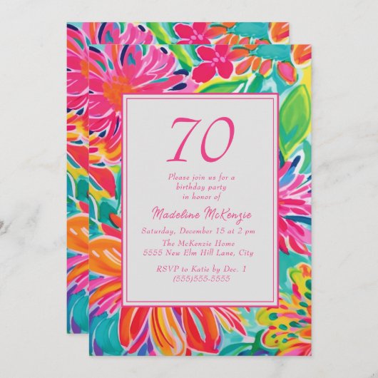 ホットピンクオレンジ色の水彩花70誕生日 招待状 (正面/裏面)