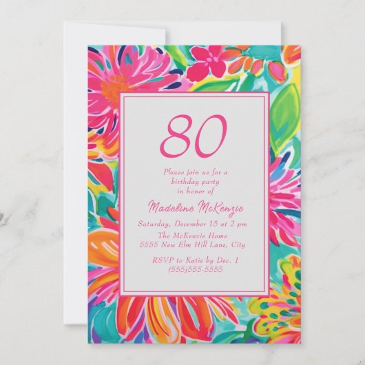 ホットピンクオレンジ色の水彩花80誕生日 招待状 (正面)