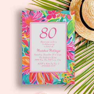 ホットピンクオレンジ色の水彩花80誕生日 招待状