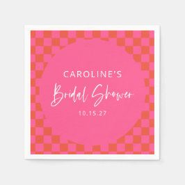 ホットピンクオレンジ レトロ チェック柄 ブライダルシャワー スタンダードカクテルナプキン