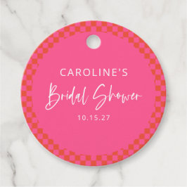 ホットピンクオレンジ レトロ チェック柄 ブライダルシャワー フェイバータグ