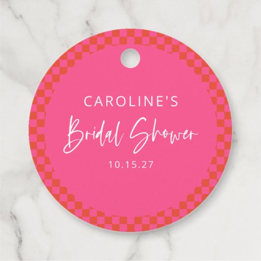 ホットピンクオレンジ レトロ チェック柄 ブライダルシャワー フェイバータグ (裏面)