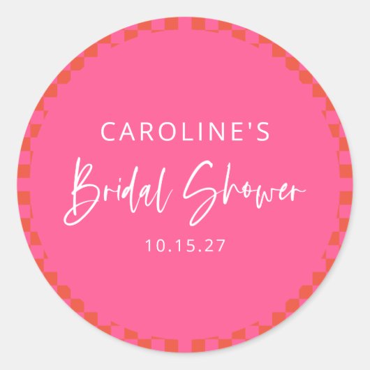 ホットピンクオレンジ レトロ チェック柄 ブライダルシャワー ラウンドシール (正面)