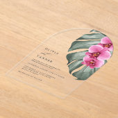 ホットピンクオーキッズモンステラ熱帯フローラ結婚ズ アクリル招待状 (レイダウン)