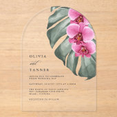 ホットピンクオーキッズモンステラ熱帯フローラ結婚ズ アクリル招待状 (正面)