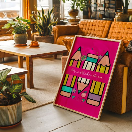 ホットピンクカラフル先生漫画鉛筆ポスター ポスター