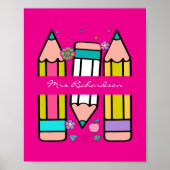 ホットピンクカラフル先生漫画鉛筆ポスター ポスター (正面)