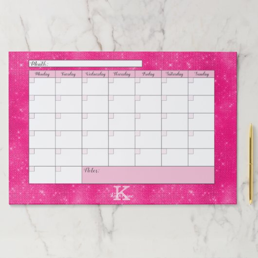 ホットピンクガーリーグラムモノグラムネームデスクカレンダー ペーパーパッド (インサイチュ)