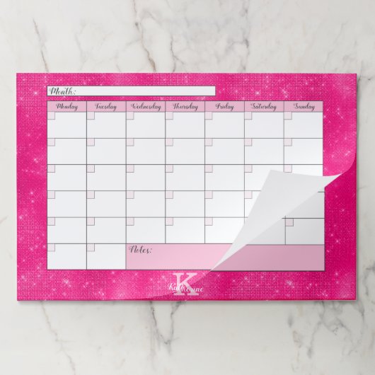ホットピンクガーリーグラムモノグラムネームデスクカレンダー ペーパーパッド (折り畳み)