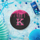 ホットピンクガーリーブラックグリッタードリップモノグラム名 ペーパープレート (パーティー)