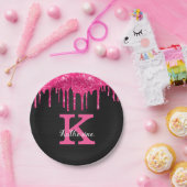 ホットピンクガーリーブラックグリッタードリップモノグラム名 ペーパープレート (パーティー)