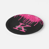 ホットピンクガーリーブラックグリッタードリップモノグラム名 ペーパープレート (アングル)