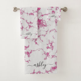 ホットピンクガーリーマゼンタグリッター大理石スクリプト名 バスタオルセット