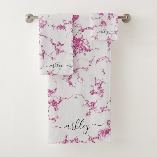 ホットピンクガーリーマゼンタグリッター大理石スクリプト名 バスタオルセット (インサイチュ)