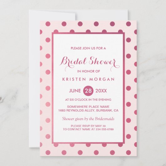 ホットピンクガーリー水玉模様モダンブライダルシャワー 招待状 (正面)