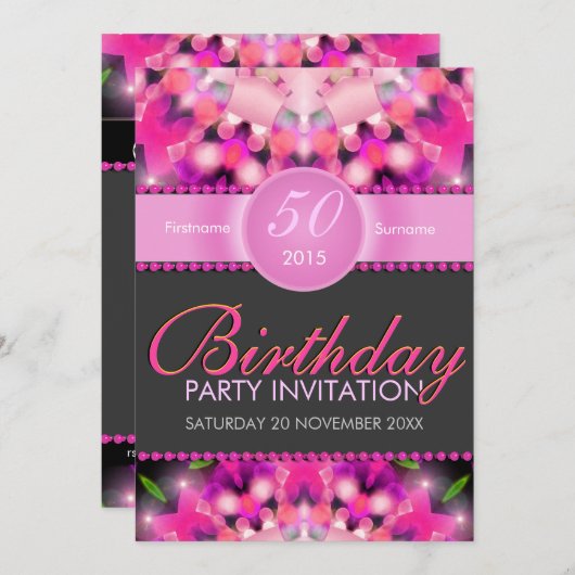 ホットピンクガーリー50誕生日招待状 招待状 (正面/裏面)