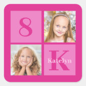 ホットピンクガールフォトコラージュカスタム誕生日パーティー スクエアシール (正面)