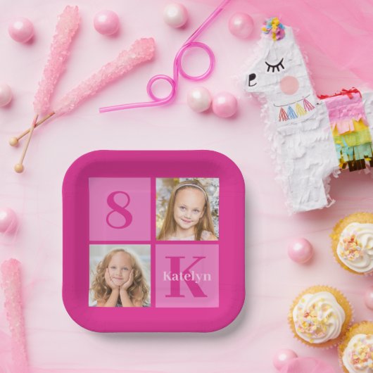 ホットピンクガールフォトコラージュカスタム誕生日パーティー ペーパープレート (パーティー)