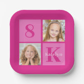 ホットピンクガールフォトコラージュカスタム誕生日パーティー ペーパープレート (正面)