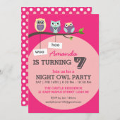 ホットピンクキュートフクロウ水玉模様誕生日招待状 招待状 (正面/裏面)