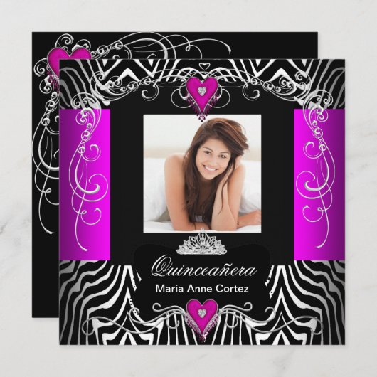 ホットピンクキンセアニェラ15誕生日ゼブラ写真 招待状 (正面/裏面)