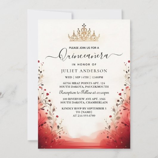 ホットピンククラウンティアラブラックレースレッドキンセアニェラ 招待状 (正面)