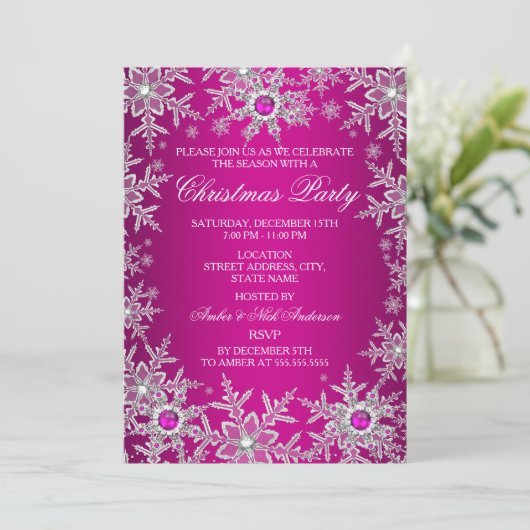 ホットピンククリスマスパーティークリスタルスノーフレーク 招待状 (スタンド正面)