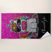 ホットピンクグラデーショングリッターユニコーンレインボーブラクルズ ビーチタオル (正面)