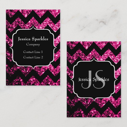 ホットピンクグリッターが輝く黒のChevronモノグラム 名刺 (正面/裏面)