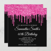 ホットピンクグリッターが黒い40歳の誕生日に滴り落ちる 招待状 (正面/裏面)